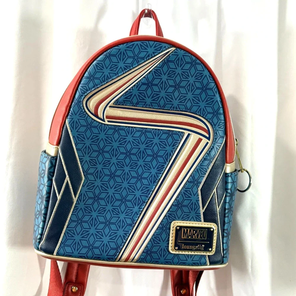 Marvel Loungefly Captain Marvel Mini Backpack Blue Red Gold Geometric Pattern
